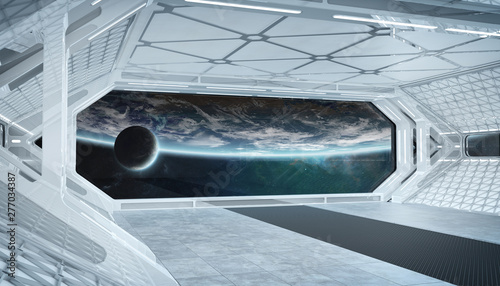 Fototapeta Naklejka Na Ścianę i Meble -  White blue spaceship futuristic interior with window view on planet Earth 3d rendering