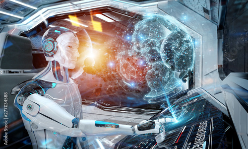 Fototapeta Naklejka Na Ścianę i Meble -  Robot in a control room flying a white modern spaceship with window view on space and digital Earth hologram 3D rendering