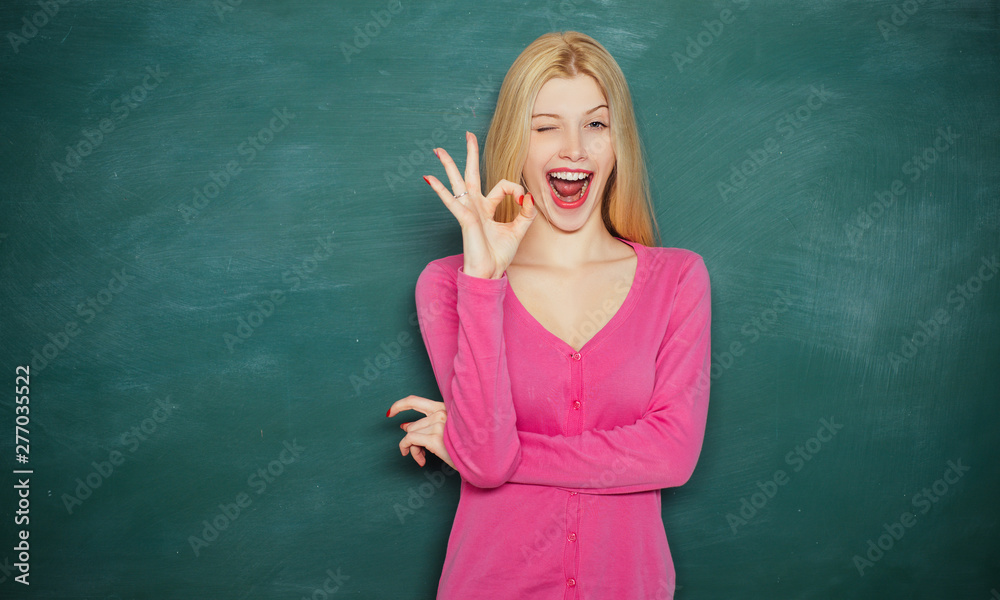 College education. Education concept. Choose college to apply. Girl adorable student stand classroom chalkboard background copy space. School education. Formal education. Creativity and fresh ideas College education. Education concept. Choose college to apply. Girl adorable student stand classroom chalkboard background copy space. School education. Formal education. Creativity and fresh ideas