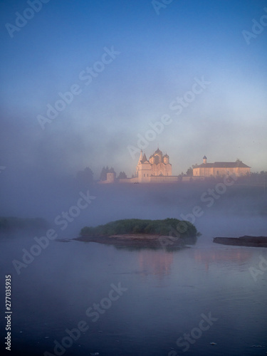 Luzha monastery and foggy dawn in Mozhaisk