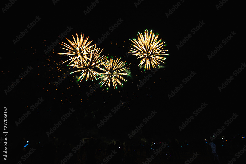 Fototapeta premium Real Fireworks on Deep Black Background Sky on Futuristic Fireworks festival show before independence day on 4 of July