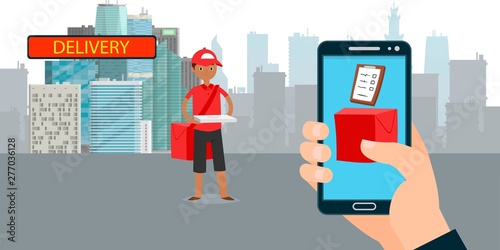 Pizza delivery application banner vector illustration. Hand with smartphone doing order. Guy or boy holding pizza box on cityscape background. Fast food shipment online service.