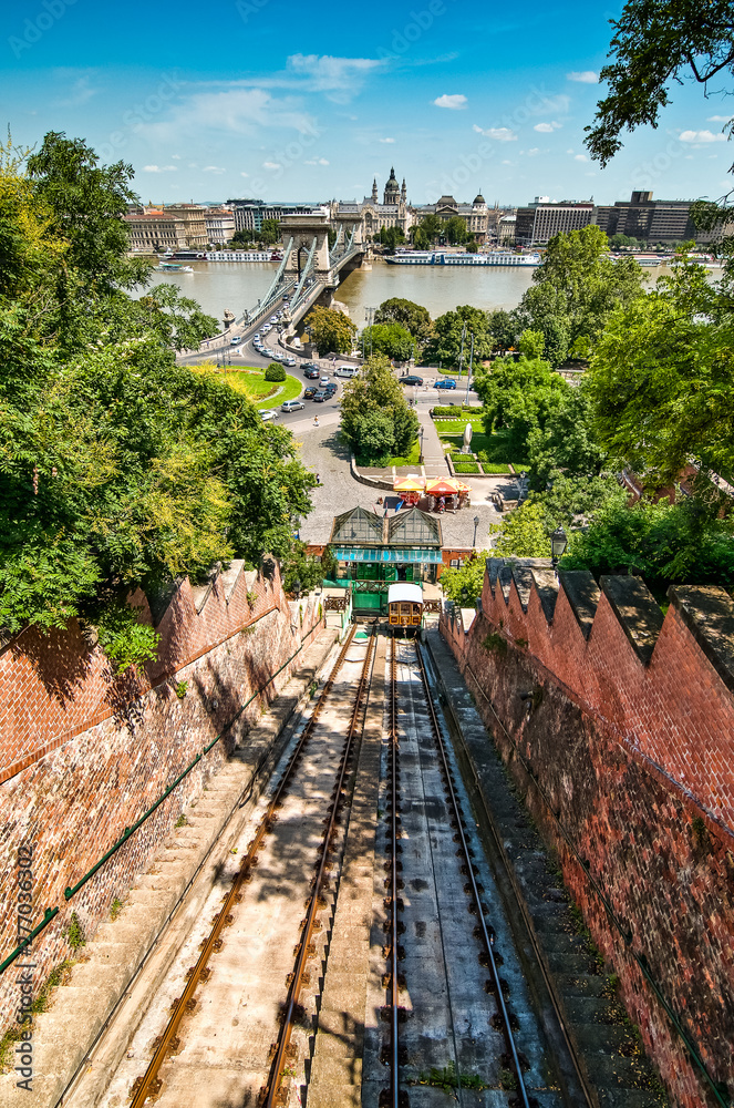 Obraz premium Budapest, Hungary - June 30, 2010. Panoramic view of Budapest city by Danube river from Funicular