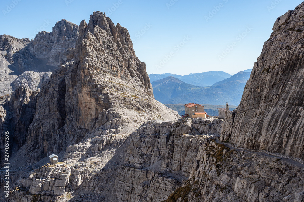 Mountain peaks in the Dolomites Alps. Beautiful nature of Italy. Chalet Pedrotti.