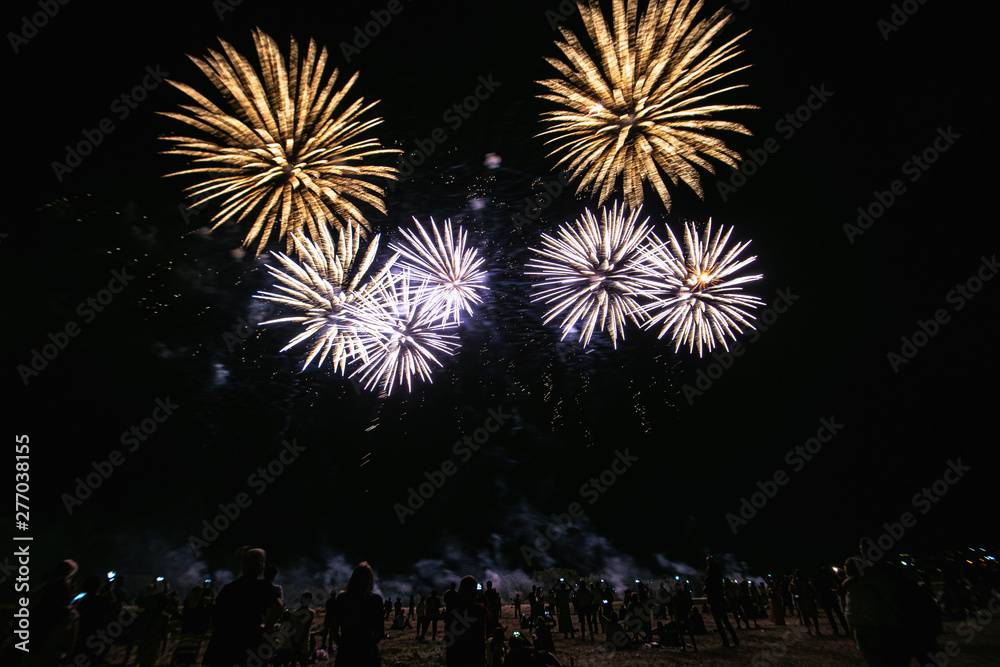 Real Fireworks  on Deep Black Background Sky on Futuristic Fireworks festival show before independence day on 4 of July