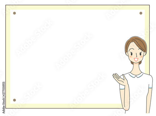 白衣の女性と案内ボードのイラスト