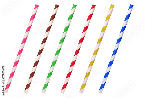Colorful helical or striped paper straws isolated on white background including clipping path. photo
