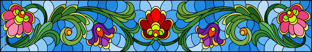 Illustration in stained glass style with abstract  swirls,flowers and leaves  on a blue background,horizontal orientation - obrazy, fototapety, plakaty 