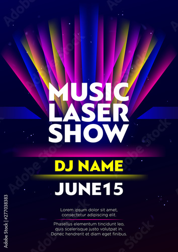 Vertical music laser show poster with bright color graphic elements, dark background and text.  