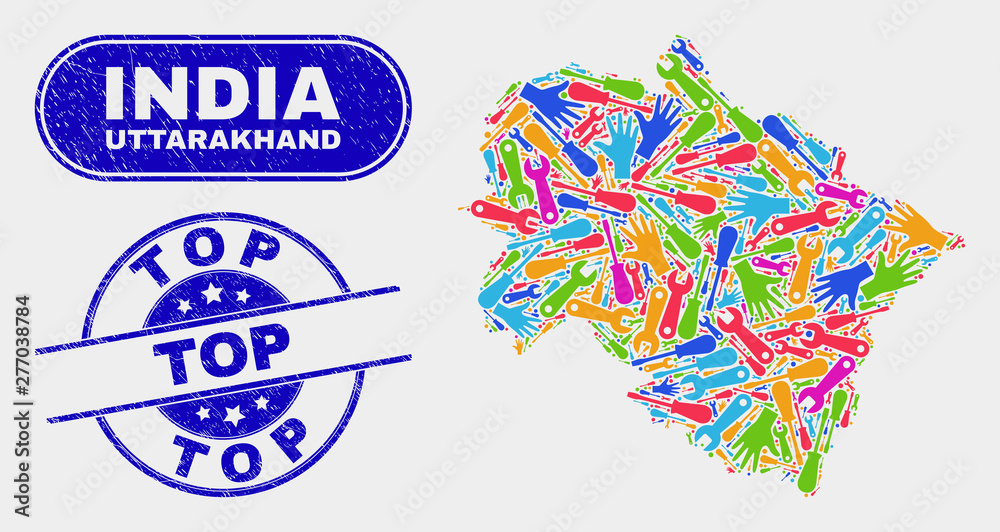 Fototapeta premium Service Uttarakhand State map and blue Top distress watermark. Bright vector Uttarakhand State map mosaic of industrial units. Blue rounded Top rubber.