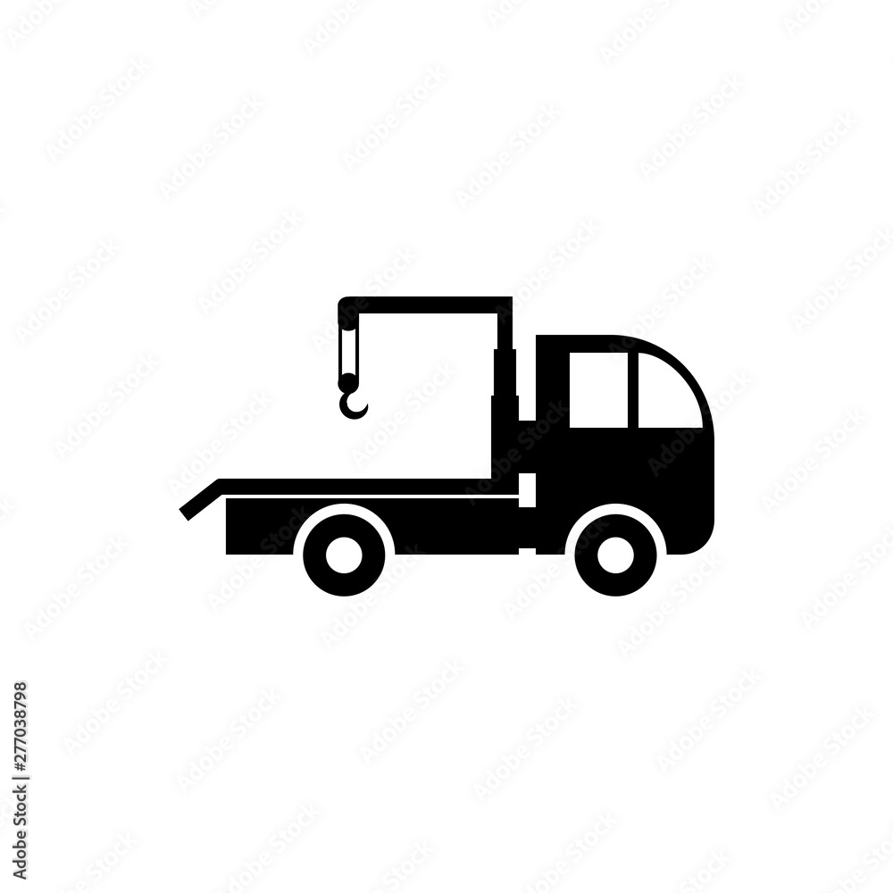 Vector, flat image of the car with the possibility of lifting loads. Isolated, contour icon of the truck crane in black color