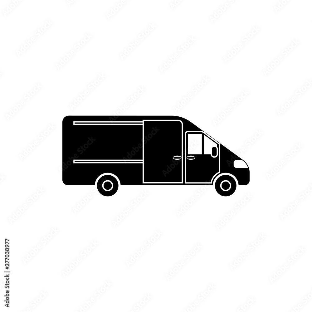 Vector, flat image of a minibus. Isolated icon of the minibus for transportation of black cargo Vector, flat image of a minibus. Isolated icon of the minibus for transportation of black cargo