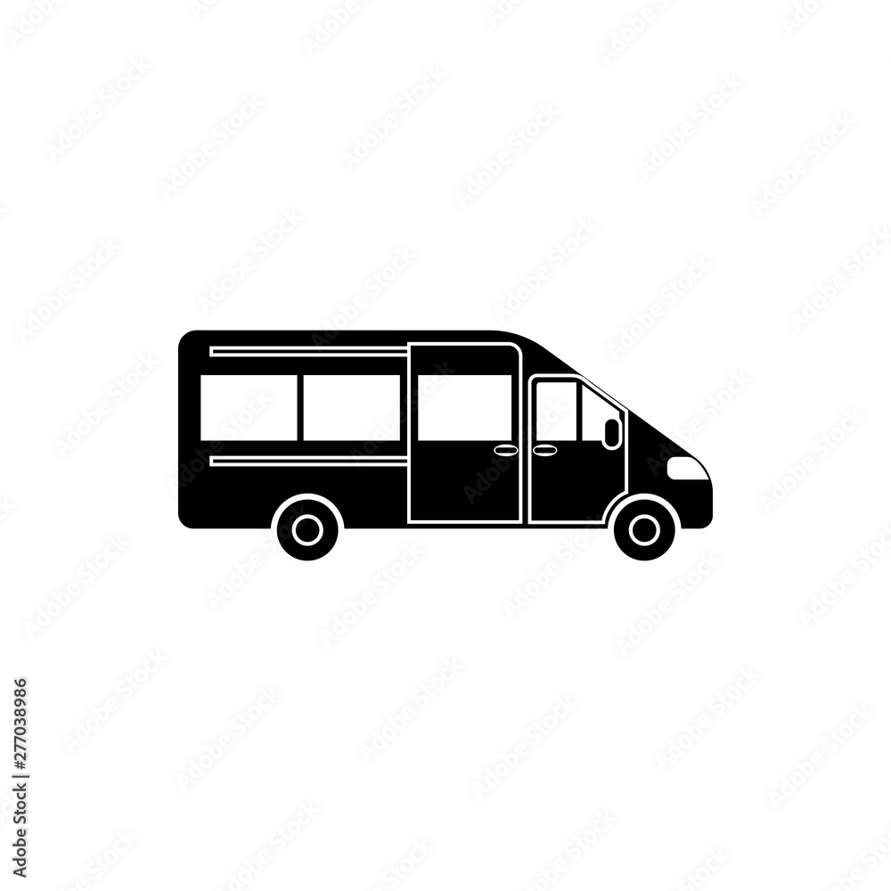 Vector, flat image of a minibus. Isolated icon of a minibus for the transport of passengers in black Vector, flat image of a minibus. Isolated icon of a minibus for the transport of passengers in black