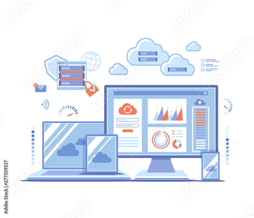 Cloud Technology Services Data Center Connection Hosting Server Database Synchronize Storage Login page and password on monitor screen, server, phone, tablet, laptop. Vector illustration on white
