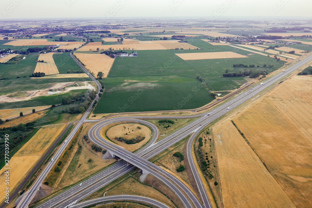 Aerial view of the A2 highway in Poland.  Drone photography.