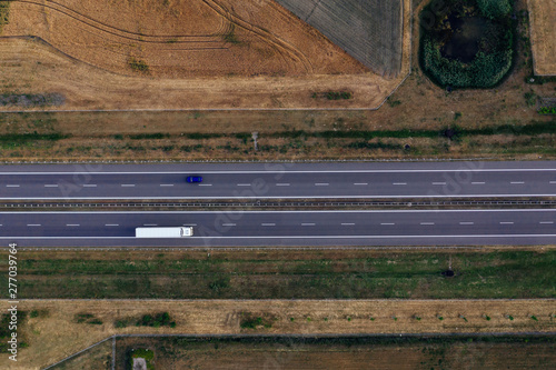 Aerial view of the distribution center, drone photography of the industrial logistic zone. 