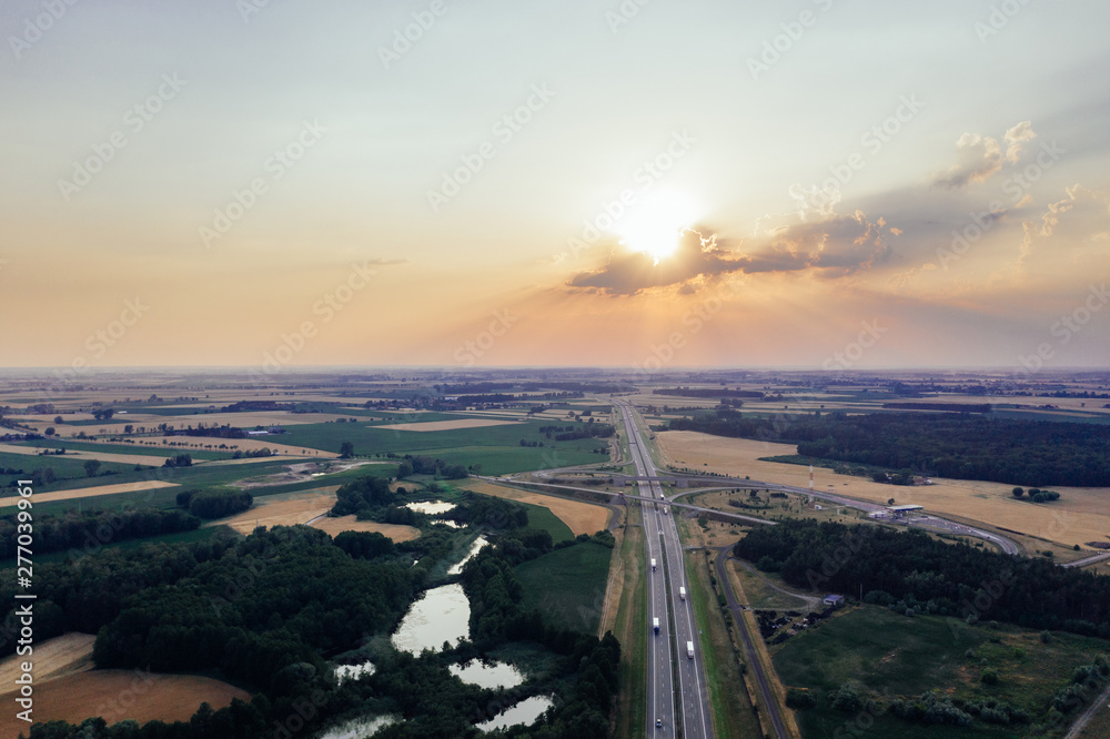 Aerial photography of a sunset over the A2 highway in Poland. 