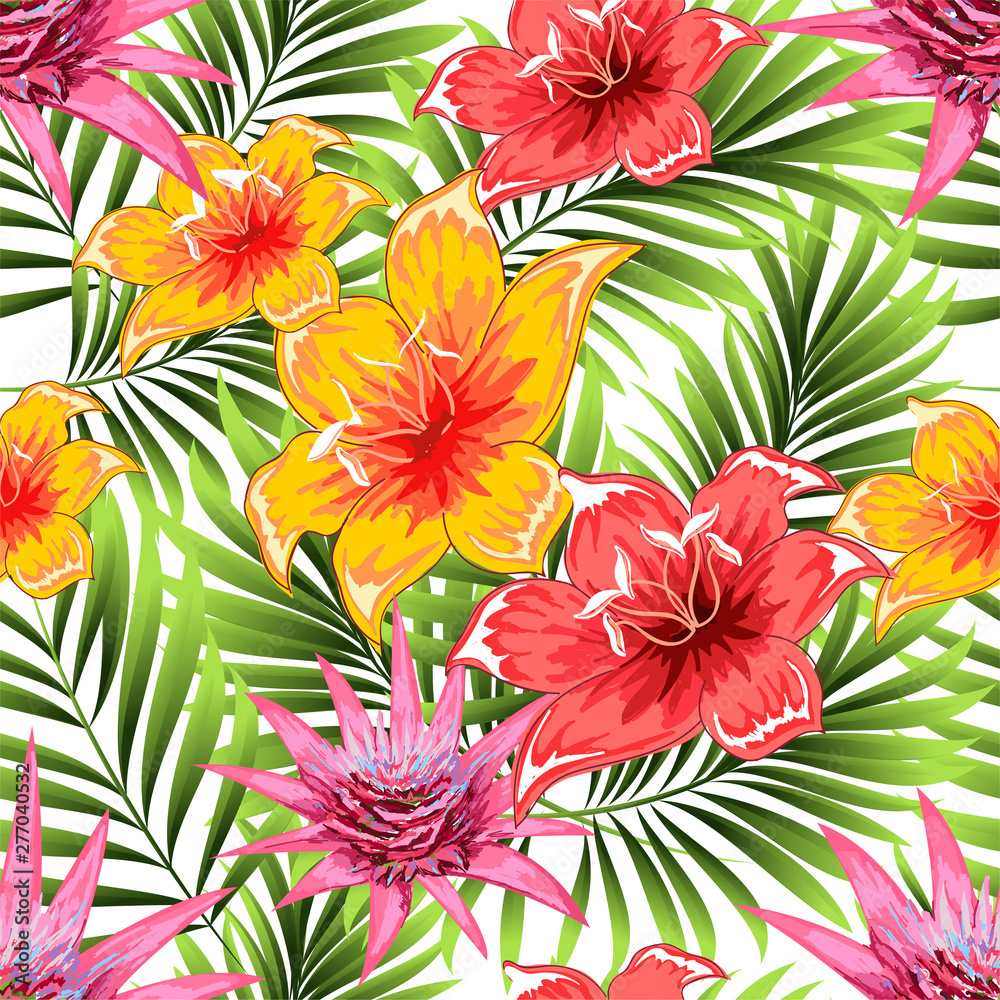 Tropical palm leaves, flowers, branches. Seamless pattern.  Greeting card, invitation for summer beach party, flyer. Vector illustration.