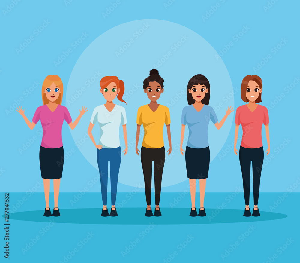 Fototapeta premium Young people smiling on blue background