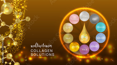 Hyaluronic acid plus multivitamins and mineral skin solutions ad, gold collagen serum drop with cosmetic advertising background ready to use, illustration vector.