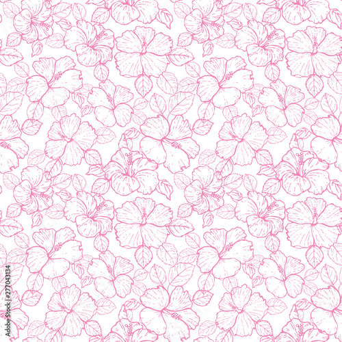 Hand-drawn Pink hibiscus line art seamless pattern design