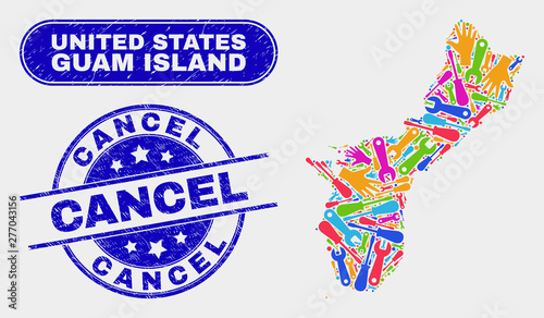 Engineering Guam Island map and blue Cancel grunge seal stamp. Bright vector Guam Island map mosaic of productivity elements. Blue rounded Cancel seal.