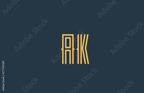 blue yellow AK A K alphabet letter combination logo icon design