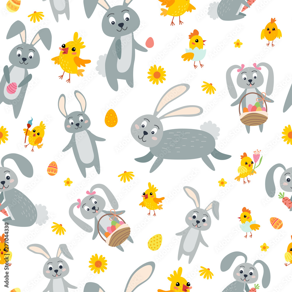 Easter seamless pattern. Holiday vintage background with cartoon Easter symbol.