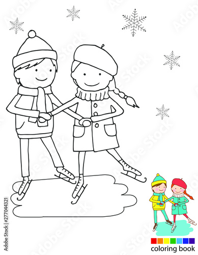 Coloring book. Winter. Children skating on the rink. Winter vacation. Vector