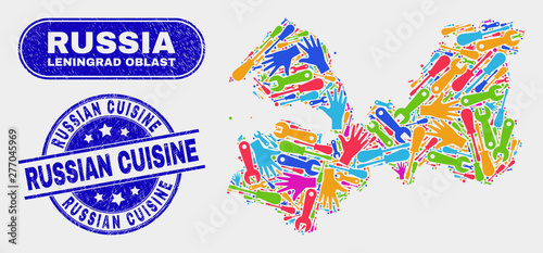 Engineering Leningrad Region map and blue Russian Cuisine grunge watermark. Colorful vector Leningrad Region map mosaic of engineering items. Blue rounded Russian Cuisine rubber.