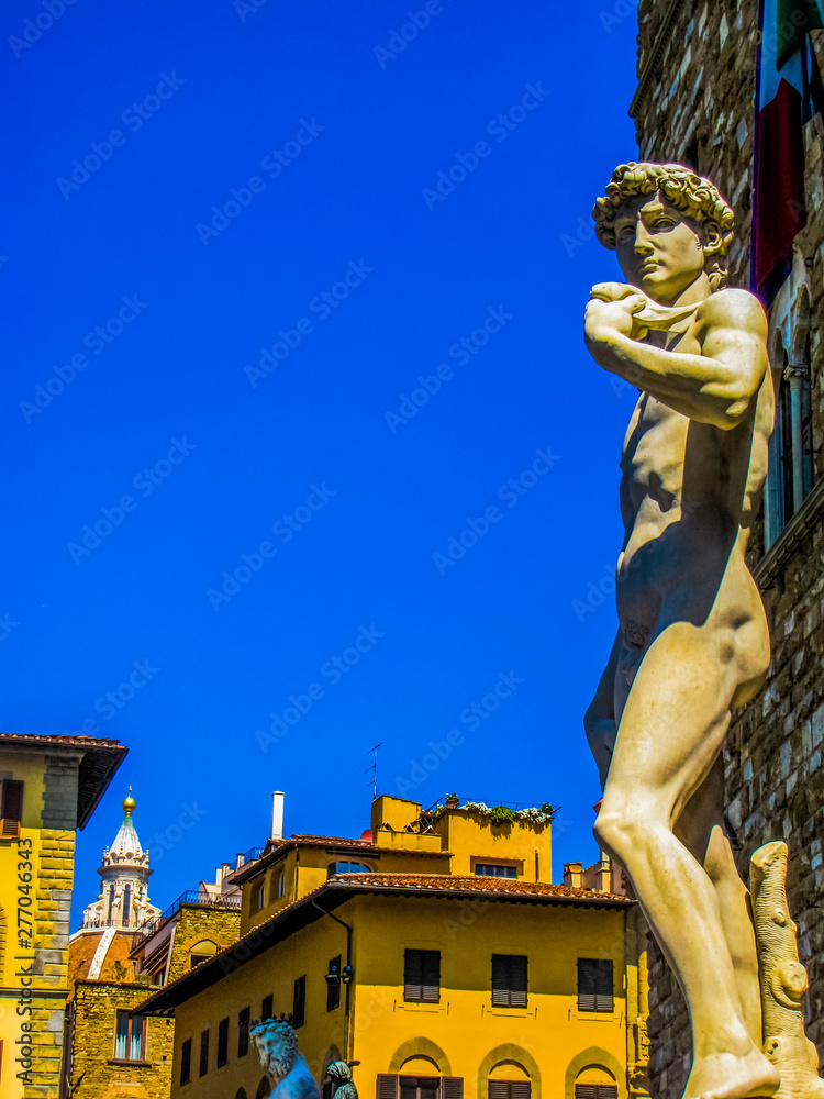The statue of the David, a replica of the original one which is located in the Accademia Gallery. In Florence, Italy 