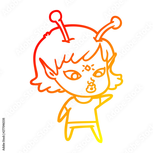 warm gradient line drawing pretty cartoon alien girl
