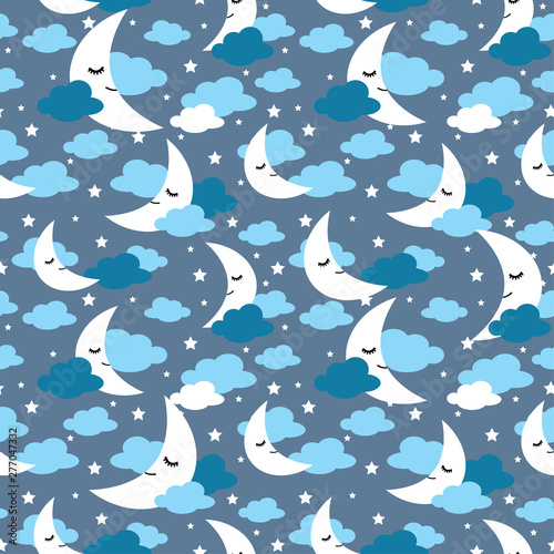 Seamless pattern moon clouds and stars night illustration