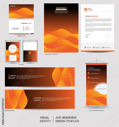 Modern stationery mock up set and visual brand identity with abstract colorful dynamic background shape. Vector illustration mock up for branding, cover, card, product, event, banner, website.