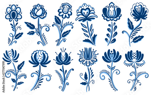 Folk motif gzhel ornament. Traditional Russian decorative painting. White and blue color.