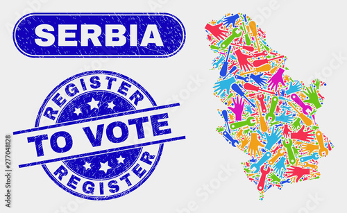 Component Serbia map and blue Register to Vote textured stamp. Colored vector Serbia map mosaic of industrial parts. Blue rounded Register to Vote stamp.