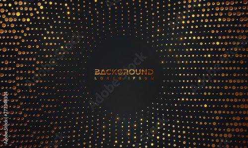 Abstract black background with a combination glowing golden dots . Circle black textured background with shining golden halftone pattern.