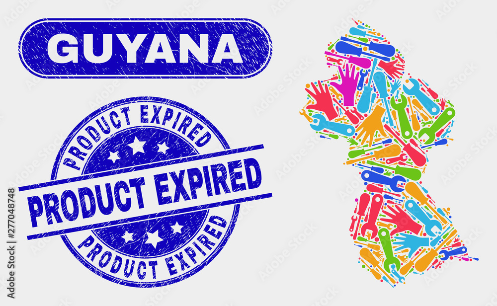 Production Guyana map and blue Product Expired distress seal stamp. Bright vector Guyana map mosaic of tools items. Blue round Product Expired seal.