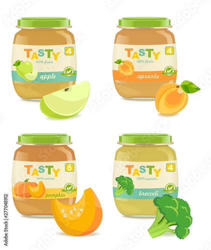 Four jars with different kids puree. retro style. Vector