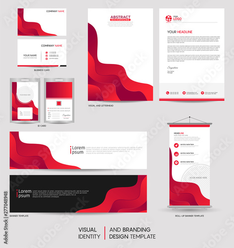 Modern stationery mock up set and visual brand identity with abstract colorful dynamic background shape. Vector illustration mock up for branding, cover, card, product, event, banner, website.
