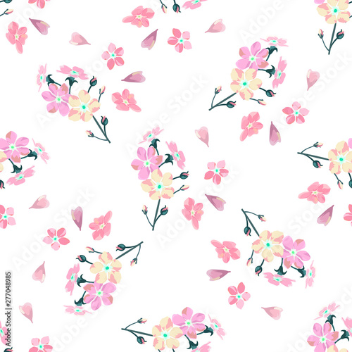 gentle little flowers and petals flying aside the botanical pattern of small colored wildflowers
