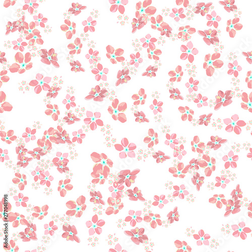 gentle little flowers and petals flying aside the botanical pattern of small colored wildflowers