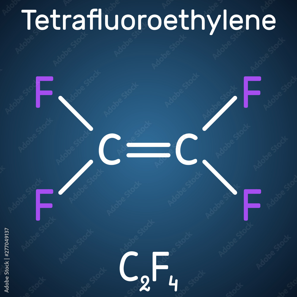 Tetrafluoroethylene or TFE molecule , is a monomer of Polytetrafluoroethylene or PTFE. It belongs to the family of fluorocarbons. Structural chemical formula on the dark blue background Tetrafluoroethylene or TFE molecule , is a monomer of Polytetrafluoroethylene or PTFE. It belongs to the family of fluorocarbons. Structural chemical formula on the dark blue background