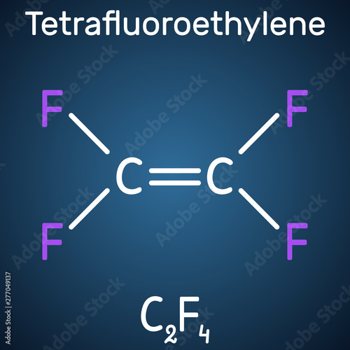 Tetrafluoroethylene or TFE molecule , is a monomer of Polytetrafluoroethylene or PTFE. It belongs to the family of fluorocarbons. Structural chemical formula on the dark blue background