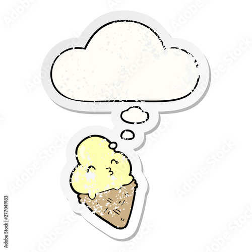 cartoon ice cream and thought bubble as a distressed worn sticker