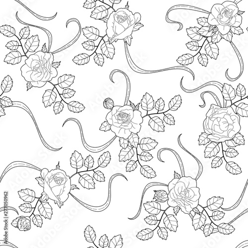 black outline seamless ornament, floral pattern with roses, buds, leaves, branches, twisting blades of grass on the white backdrop, for print in textile, wallpaper, scrapbook, craft, greeting card etc