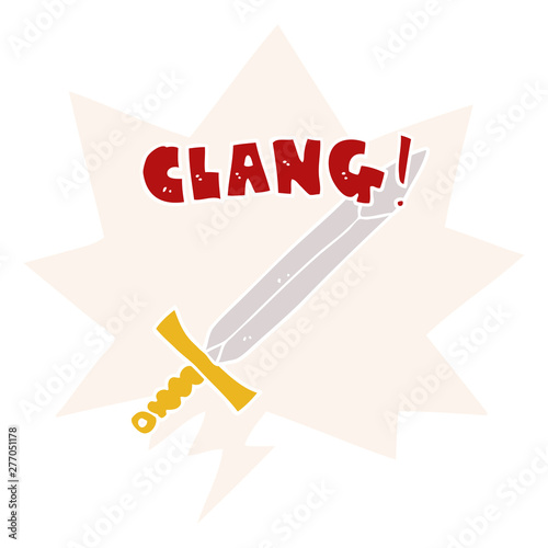 cartoon clanging sword and speech bubble in retro style