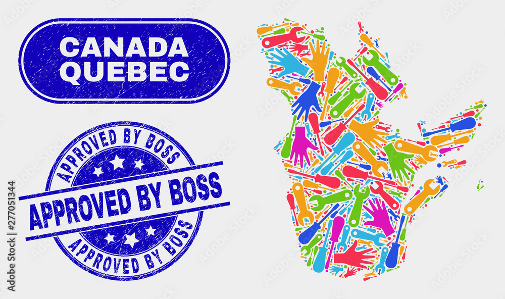Productivity Quebec Province map and blue Approved by Boss textured seal stamp. Colored vector Quebec Province map mosaic of industrial components. Blue rounded Approved by Boss seal. Productivity Quebec Province map and blue Approved by Boss textured seal stamp. Colored vector Quebec Province map mosaic of industrial components. Blue rounded Approved by Boss seal.