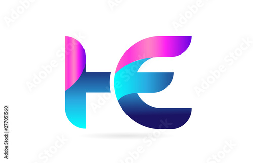 pink blue alphabet letter HE H E combination logo icon design