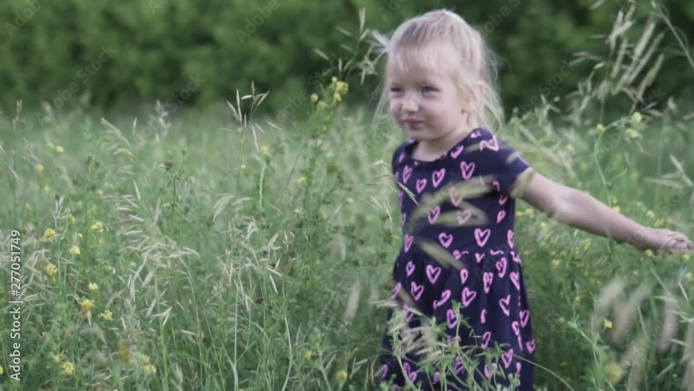 sly Little girl playing in the high grass at sunset. A child hides and laughs in a field of flowers in summer sly Little girl playing in the high grass at sunset. A child hides and laughs in a field of flowers in summer